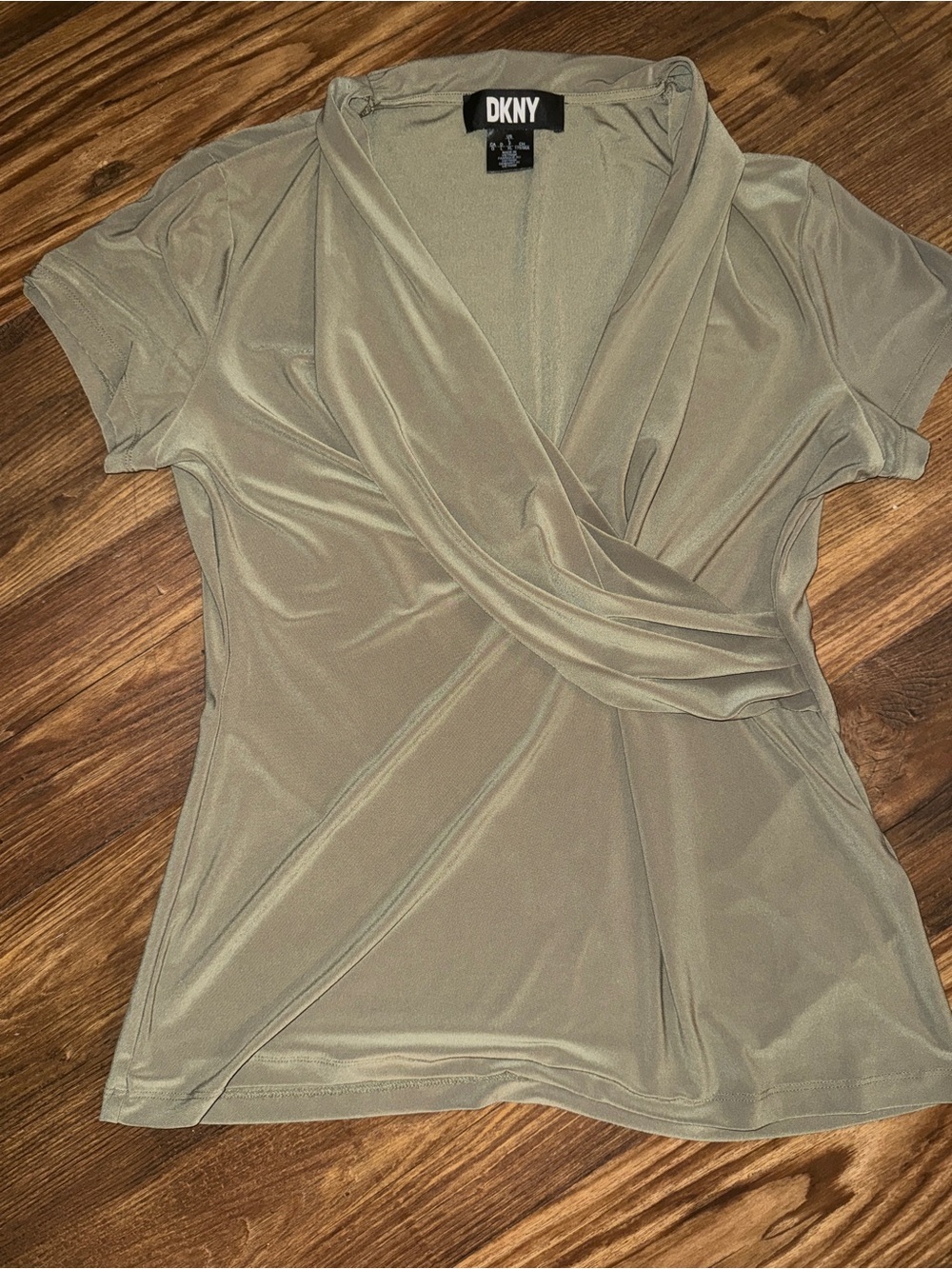 DKNY Olive Green Wrap-Style Short Sleeve Blouse